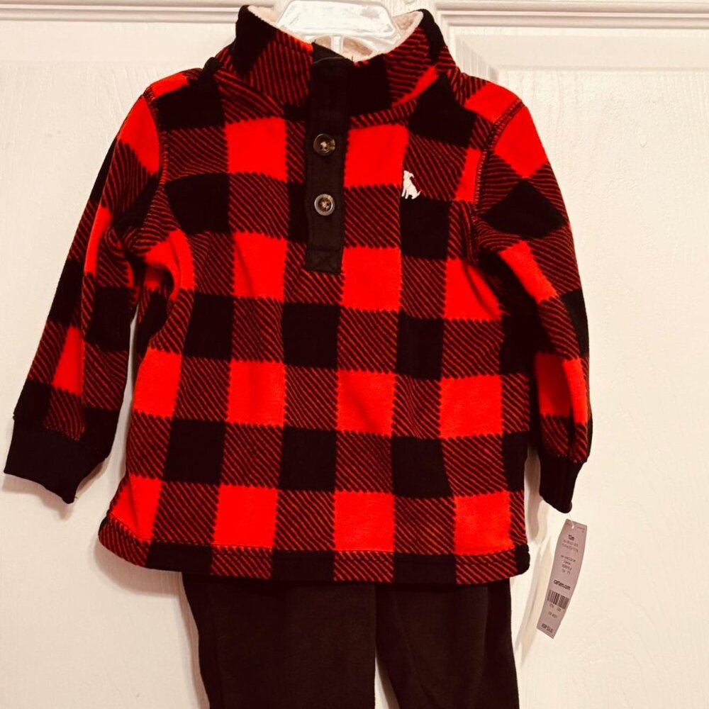 Carter’s Baby Boy 2-Piece Buffalo Plaid Fleece Outfit Set Red Black 12M